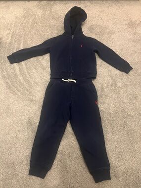 Ralph Lauren Navy Zip Hoodie and Joggers Set with Red Pony